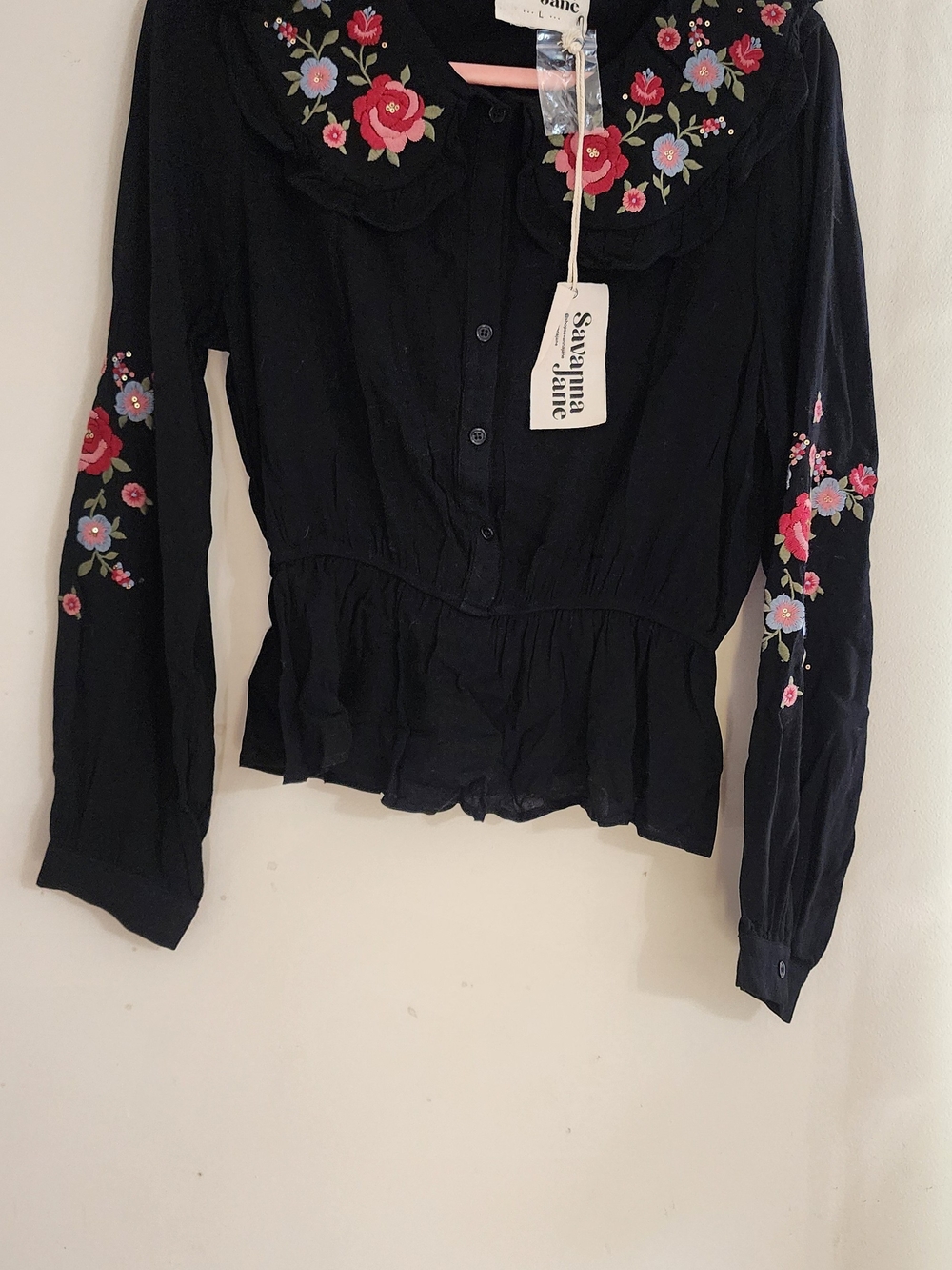 NWT Savanna Jane Black Embroidered Floral Peter Pan Collar Peplum Blouse L